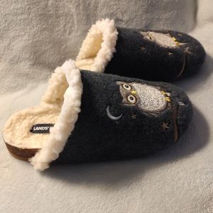 Lands End Womens Sherpa Lined Slippers Slides Size 9 Blue with Owl